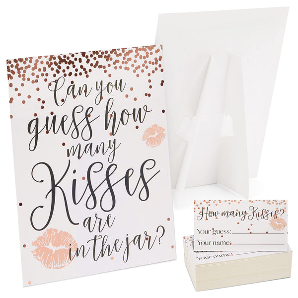 Sparkle and Bash Bridal Shower Games Guess How Many Kisses Challenge - 11 x 8.5 in Sign & 60 Cards, Pink Polka Dots - Engagement Games - image 1