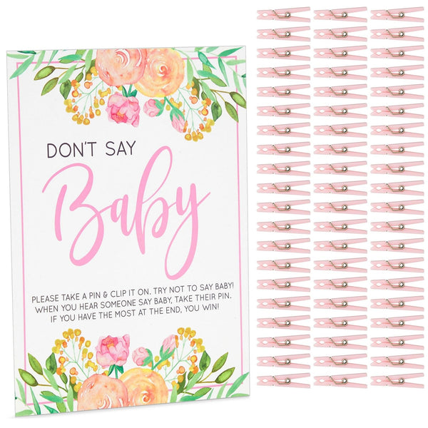 Sparkle and Bash Don't Say Baby Shower Game Sign - 8 x 10 in, 60 Pink Clothespins & Floral Design for Baby Shower Games for Girl - image 1
