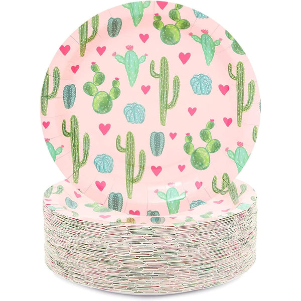 Sparkle and Bash Cactus Paper Plates - Fiesta Party Disposable Plates - Pretty Pink Cactus Baby & Bridal Shower Decor - Party Pack for Nachos & Dessert Goods - 9-Inch, Pack of 80, Pink - image 1