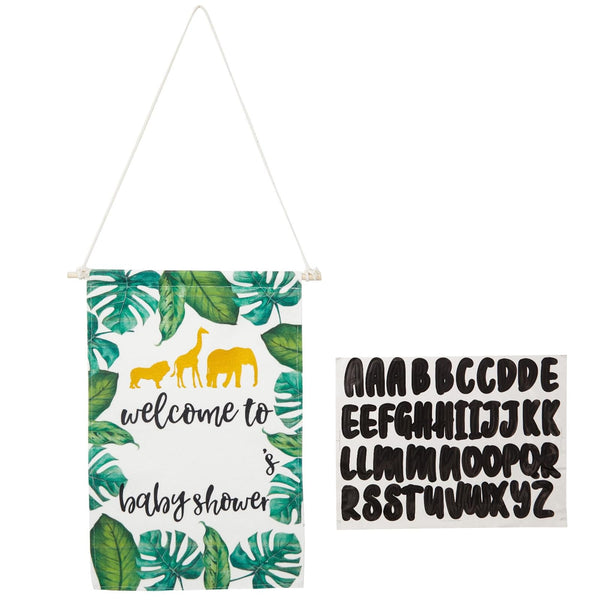 Sparkle and Bash Welcome To The Jungle Baby Shower Sign Set - 15.75 x 9.75 In, Green & White Canvas, 3-Piece - DIY-decorated Safari Welcome Sign with DIY Name Sticker Sheets - image 1