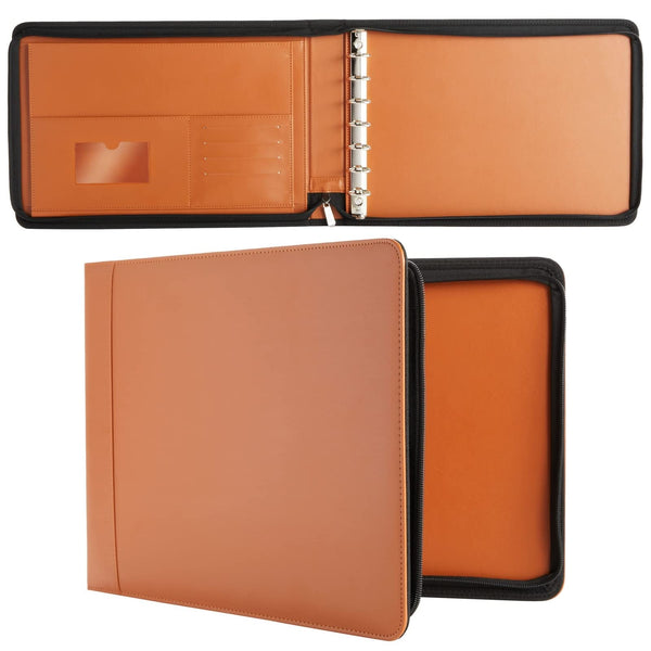 7-Ring Business Check Binder with Zipper for Checkbooks Organization, Brown Zippered Portfolio Organizer, Professional PU Leather Folder Holder for Documents, Cards (15 x 11 x 0.01 inches) - image 1