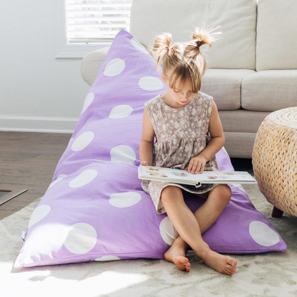 Butterfly Craze Bean Bag Chair Cover - Stuffed Animal Storage Seat - Kids Lounger & Toddler Chair - Washable Canvas & Triangular Bean Bag Cover - Extra Large, Purple Polka Dots, Cotton Canvas - image 1
