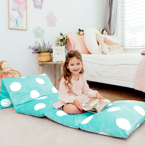 Butterfly Craze Floor Pillow Case - Plush Cover for Floor Seating & Cushions - Transforms to Sleeping Pad & Sleeping Mat - Versatile Guest Bed & Portable Mattress - King, Polka Aqua - image 1
