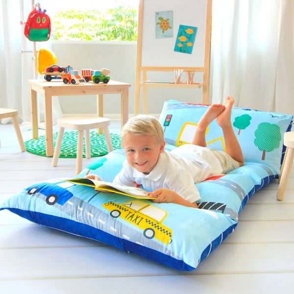 Butterfly Craze Floor Pillow Case - Reading Nook Lounger & Floor Bed - Portable Sleeping Pad for Travel & Camping - 5-Pocket adaptable Design for Ground Cushions - King Size, Cars Blue - image 1