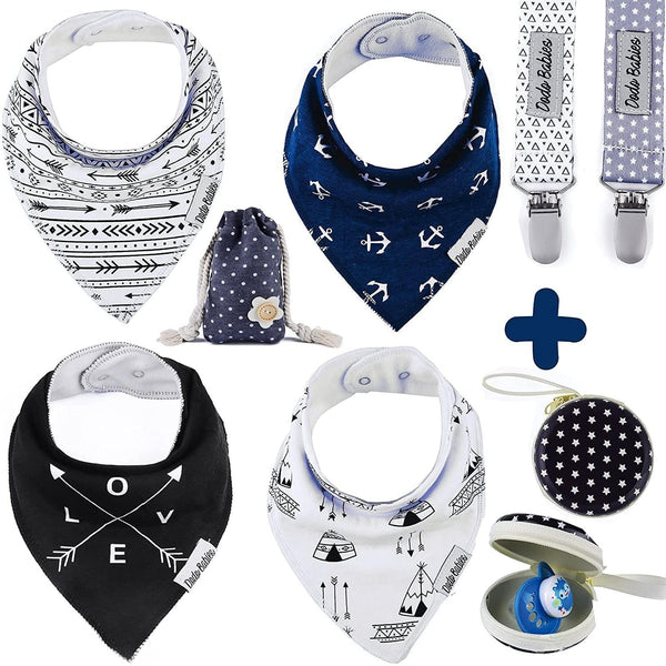 Dodo Babies Baby Bandana Drool Bib & Pacifier Clip Set - 100% Cotton with Water-Resistant Liner - Adjustable Snaps for Infant & Toddler Baby Bibs - 8-Piece Set, Blue/Black/White - image 1