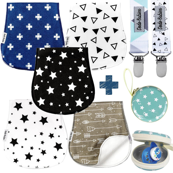 Dodo Babies 5-Pack Baby Burp Cloths - Soft Absorbent Cotton Newborn Essentials Must Haves - Spit-Up Rag & Pacifier Case with Clips - Contoured Fit Boy Burp Cloth Set - 2 Clips & Case Blue/White/Teal - image 1