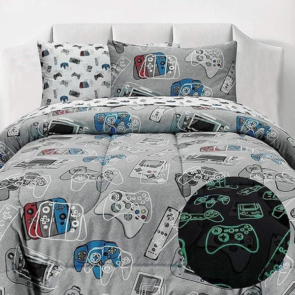 Kids Rule Glow in The Dark Gamer Bedding Set - Glow in The Dark Gamer Comforter - Vibrant Game Controller Print & Gaming Sheets - Full 7-Piece Boys Bedding Set - Full Size, Blue & Grey - Pack of 7 - image 1