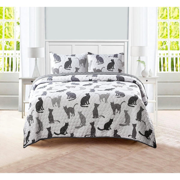 Sleeping Partners Pom Pom Trimmed Cat Quilt Set - Lightweight Microfiber & Cotton Fill Queen Quilt Set - Playful Grey Kitty Print Cat Bedding - Easy Care Machine Washable Bedding - Full/Queen, 3-Pc - image 1