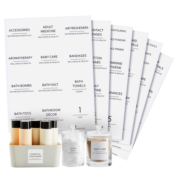 Talented Kitchen Minimalist Bathroom Labels for Organizing - 174 Labels, 2.5" x 2.5" & 2.5" x 0.75", Black on White - Stickers for Jars & Bottles - Water-Resistant for Medicine Cabinet - image 1