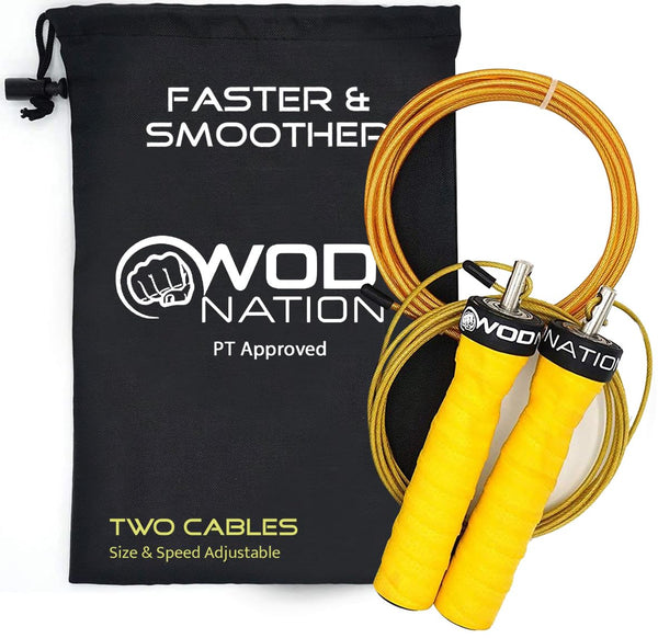WOD Nation Alloy Steel Jump Rope - Two-Cable Adjustable Design for Weighted Rope - Compact Travel Bag for Gym Accessories - Ergonomic Handles for Exercise Fitness - Yellow, 11 ft - image 1
