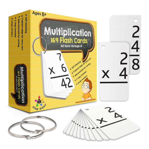 Star Right Multiplication Flash Cards - 169 Hole-Punched Math Study Multiplication Cards with 2 Binder Rings - Times Tables Practice Set for Kids Ages 8 and Up at Home or School - image 1