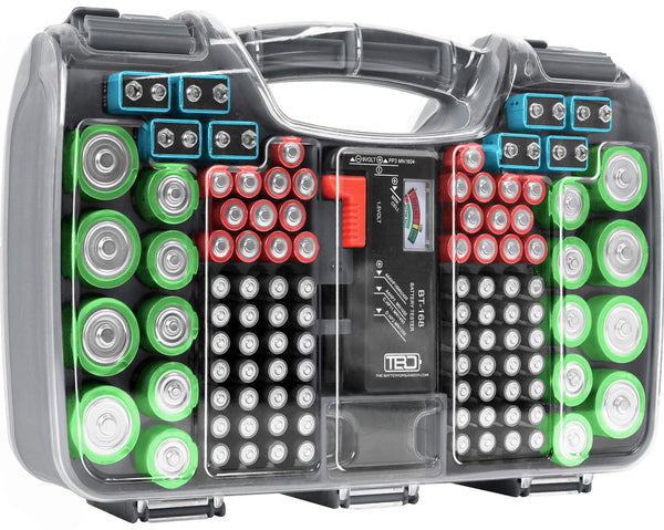 The Battery Organizer, Battery Storage Organizer Hinged Clear Cover with Locking Lid, Holds 180 Batteries, Includes a Removable Battery Tester, Holder for Garage Organization, Charcoal - image 1