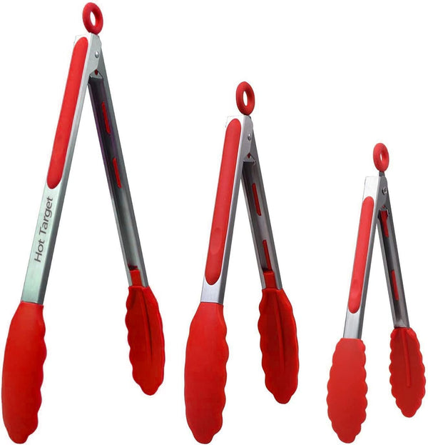 Hot Target Set of 3 (7, 9, 12 inches) Kitchen Tongs for Cooking - Heavy Duty & Non-Stick with Stainless Steel - Kitchen Tongs with Silicone Tips - Heat Resistant Long Food Tongs for Grilling BBQ - Red - image 1
