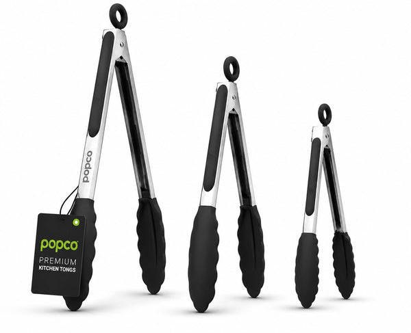 Popco 3-Piece Kitchen Tongs Set – Stainless Steel Heat Resistant Silicone Tips, Strong Comfort Grip, 3 Sizes (7, 9, 12 Inch), Non-Scratch, Dishwasher Safe, For Cooking, BBQ, Salad - image 1