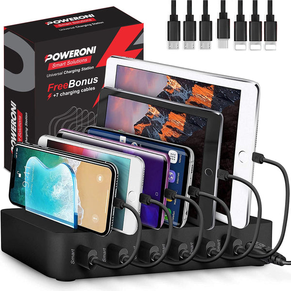 USB Charging Station - 6 Port Universal Charging Station for Multiple Devices - Multi Device Charger Dock - Compatible with Apple, iPad, iPhone, Android Cell Phones, and Tablets - Black - image 1