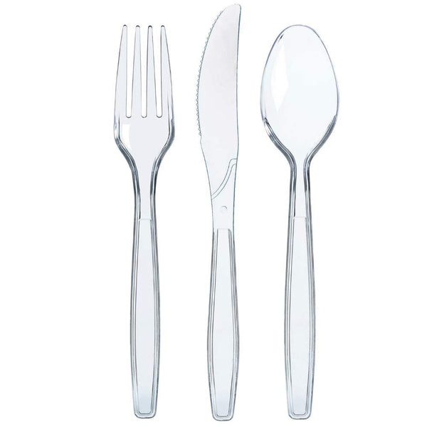 Prestee 300-Piece Plastic Cutlery Set - 100 Each of Clear Plastic Forks, Knives, Spoons - Heavy Duty Silverware for Parties - Disposable Utensils for Weddings and Buffets - image 1