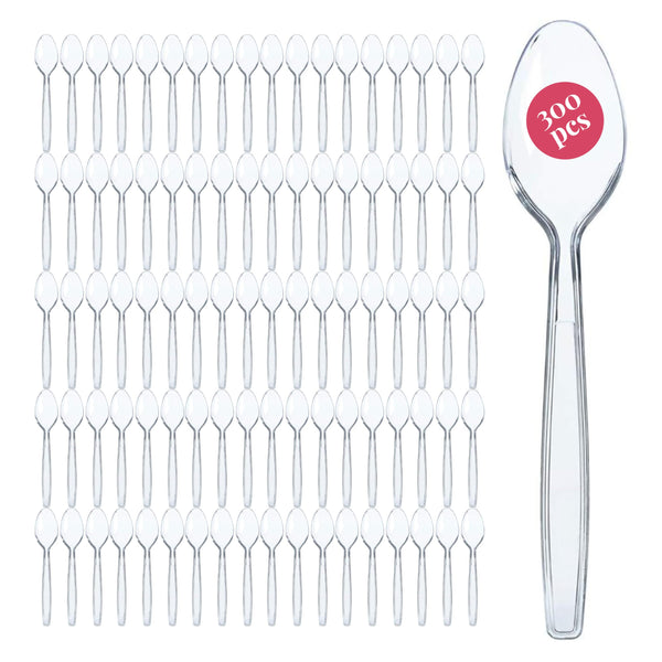 Prestee 300 Plastic Spoons Bulk - 6-Inch Heavy Duty Disposable Silverware and Plastic Utensils Set - Durable Clear Cutlery for Hot and Cold Food - Strong Spoon Flatware for Parties and Events - image 1