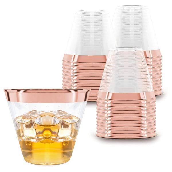 Prestee 100 Rose Gold Plastic Cups - Rose Gold Plastic Cups 9 oz - Party Decorations - Disposable Wine Cup - Clear Cup - Bulk Party Wine Glasses - image 1