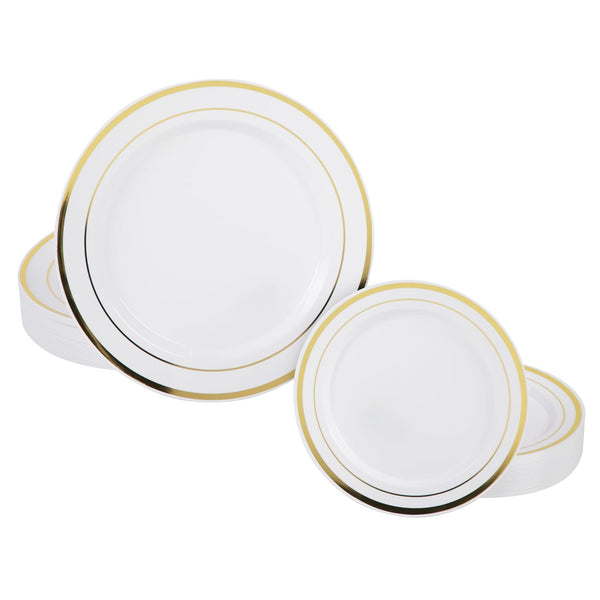 Prestee 50-Piece Disposable Plates Set - White with Gold Rimmed Plastic Plate for Parties, Holidays, Weddings - Includes 25 Dinner Plates and 25 Small Salad Platter - Ideal Thanksgiving Plate - image 1