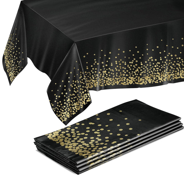Prestee 4 Pack Gold and Black Table Cloth Rectangle Table Covers 54 x 108 Inches - Plastic Table Cloth Disposable for Parties, Dining and Events - Black Tablecloths for Weddings and Celebrations - image 1