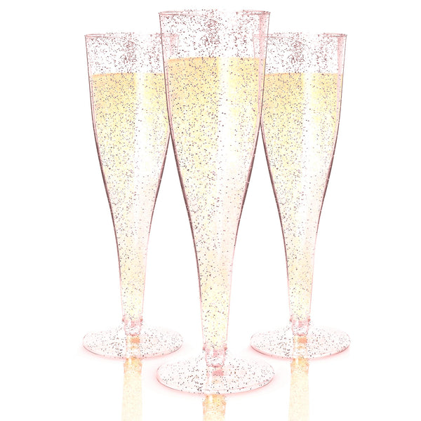 Prestee 24 Piece Plastic Champagne Flutes - 4.5 oz Plastic Wine Glasses with Rose Gold Glitter - Cocktail Glasses for Parties - Party Supplies for Mimosa Bar, Wedding, Shower Party and New Years Eve - image 1