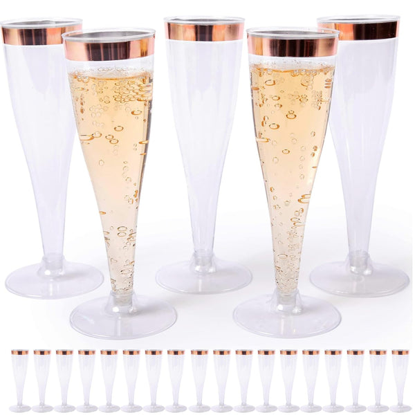 Prestee Set of 24 Plastic Champagne Flutes with Rose Gold Rim - 4.5 oz - Shatterproof Disposable Glasses - Elegant Design - Ideal for Weddings, Cocktail Parties, and Outdoor Celebrations - image 1