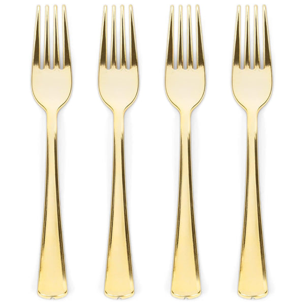 Prestee 100 Count Plastic Forks - 7" Heavy Duty Gold Plastic Silverware Utensils - Elegant, Disposable Gold Forks for Weddings, Parties, and Holidays - Fancy Flatware Set for Events and Catering - image 1