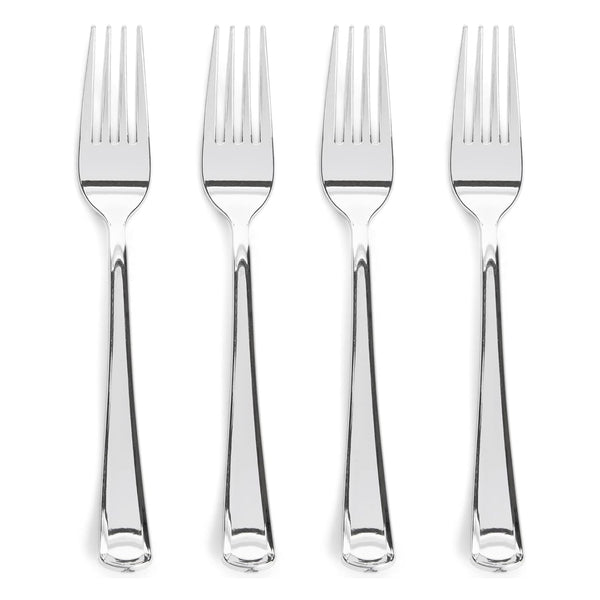 Prestee 100-Pack Heavy Duty Plastic Forks - 7-Inch Elegant Silver Plastic Forks Disposable Set - Fancy, Disposable Silverware Utensils for Parties, Holidays, Weddings, and Events - Durable Cutlery Set - image 1