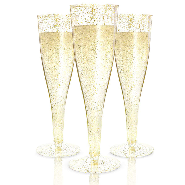 Prestee 200 Disposable Champagne Flutes Gold Glitter Glasses - 4.5 Oz Plastic Champagne Cups for Parties, Wedding Toasts, Mimosa Bar, and New Year’s Eve - Elegant Bulk Gold Plastic Wine Flutes - image 1