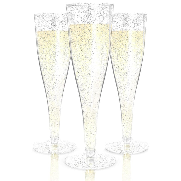 Prestee 200 Disposable Champagne Flutes Plastic 200 Pack - Silver Glitter Champagne Flutes for Weddings, Parties, and New Year’s Eve - 4.5 Oz Plastic Silver Party Glasses - image 1