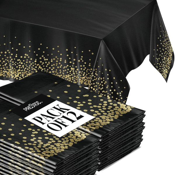 Prestee 12-Pack Black and Gold Dots Disposable Tablecloths – 108x54 Inch Waterproof Plastic Table Covers – Elegant, Heavy-Duty Party Tablecloths for Weddings, Birthdays, Holidays, and Events - image 1