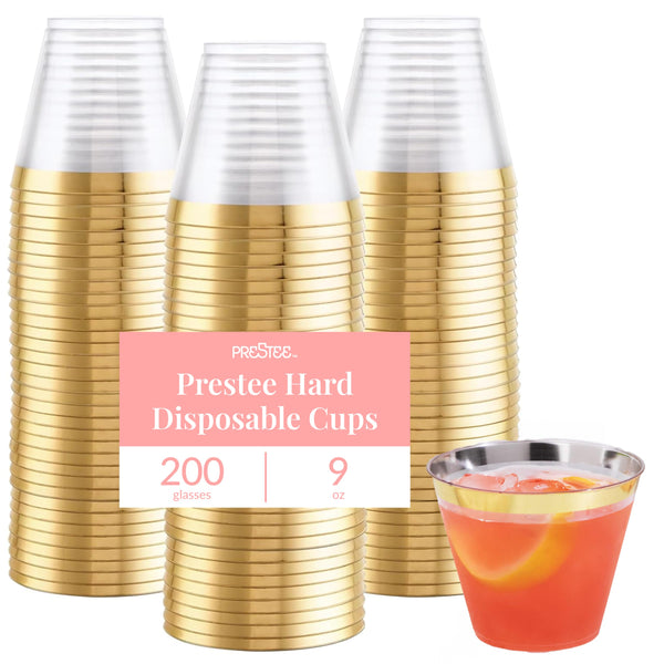 Prestee Hard Disposable Cups - Heavy Duty Fancy Plastic Cups - Plastic Cocktail Drinkware - Disposable Drinking Cup 9 oz - Bulk Drinking Glasses for Wedding - 200ct Gold Tumblers - image 1