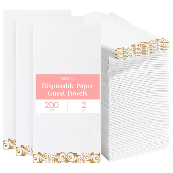 Prestee 200 Pack Disposable Paper Guest Towels for Bathroom, 2-Ply - Elegant Linen Feel Paper Napkins - Absorbent Decorative Guest Towels for Bathroom, Wedding, and Party Use - (White and Gold) - image 1