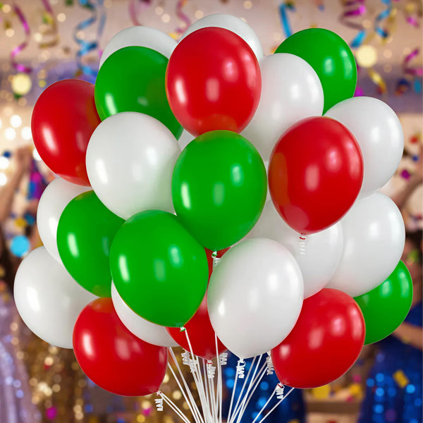 Prextex 75 Party Balloons 12 Inch Red, Green and White Balloons with Ribbon for Decorations or Xmas Color Themed Party, Weddings, Baby Shower, Birthday Parties, Helium Quality - image 1