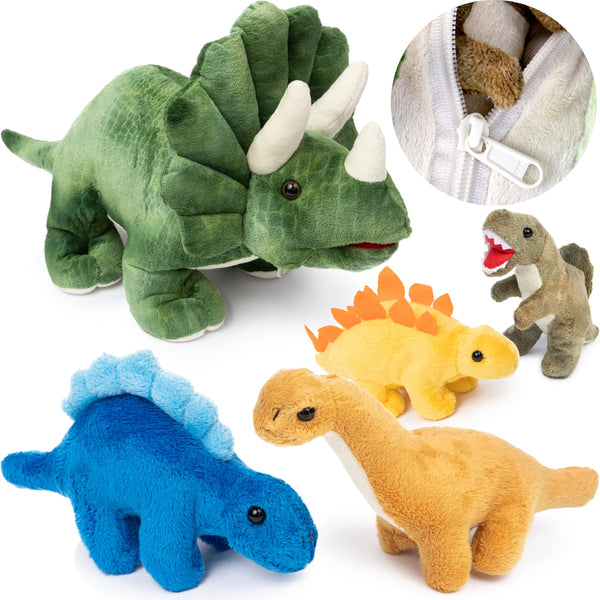 PREXTEX 15" Triceratops Dinosaur Stuffed Animal Set with 4 Dino Plush Toys Inside, Large Zippered Pouch Dinosaur for Boys & Girls, Stuffed Animals Dinosaur Toys for Kids 3-5, Colorful & Soft Plushies - image 1