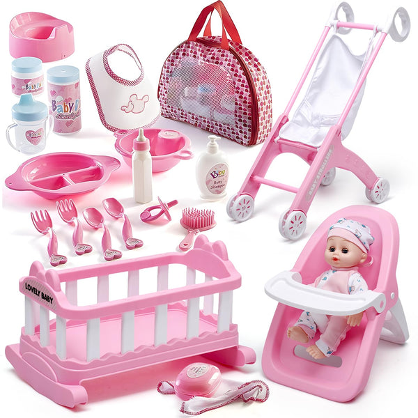 Prextex Baby Doll Stroller Toy - Pink ABS/PP Material, Role-Playing Benefits, Hand-Eye Coordination, Speech Development, Creativity, Communication - image 1