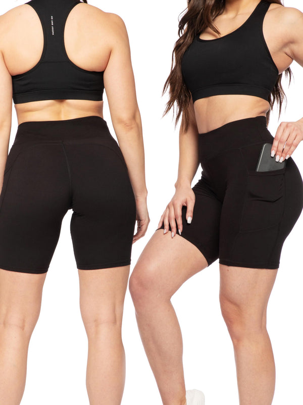 SATINA Women’s Biker Yoga Shorts – 8-Inch High Waist with Pockets, Buttery Soft Peach Skin Fabric – Stretchy, Moisture-Wicking, Tummy Control Activewear – Black, Medium – Regular & Plus Sizes - image 1