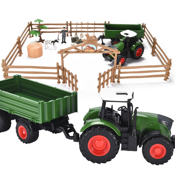 Top Race Tractor Trailer Toy for Boys – Green Tractor with Sliding Farmer's Cart, Brown Fence, and Animal Figurines – Easy-to-Assemble Plastic Play Set for Toddlers, Fun Farm Adventure Toy - image 1