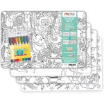 Merka 4-Pack Reusable Coloring Placemats for Kids with 7 Dry Erase Markers - 17" x 11", Black & White, Space & Jungle - Si...