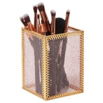 Glamlily Glass Makeup Brush Holder - Space-Saving Vanity Makeup Organizer - Vintage Brass Frame Brush Holder - Covered Gla...