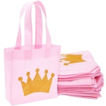 BLUE PANDA 24-Pack Princess Party Favor Bags - 6.5 x 7 x 2 in Pink Canvas Pouches - Reusable & Non-Woven Crown Treat Pouch...
