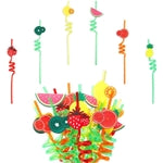 24 Pcs Reusable Tropical Plastic Drinking Straws with Fruit Charms for Home Summer Party, 6 Designs, 10.75 in