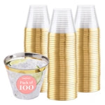 Prestee 100-Pack 9oz Gold Rimmed Plastic Cups Disposable Wine Glasses for Charcuterie, Weddings, Parties, and Events - Ele...