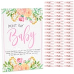 Sparkle and Bash Don't Say Baby Shower Game Sign - 8 x 10 in, 60 Pink Clothespins & Floral Design for Baby Shower Games fo...
