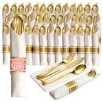 Prestee 400 Pieces Gold Silverware Set for 100 Guests - Premium Pre Rolled Disposable Plastic Silverware Set with Napkins ...