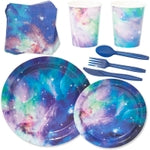 BLUE PANDA 168-Piece Space Birthday Decorations Set - Serves 24, Blue Galaxy 9" & 7" Plates, 9-Oz Cups, Napkins & 6" Cutle...