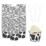 BLUE PANDA Ice Cream Cups & Spoons Cow Print - 8 Oz, 100 Count, Black/White - Snack & Fruit Cups for Party - Disposable Co...
