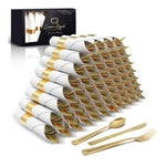 Prestee 200 Piece Gold Plastic Silverware Set for 50 Guests - Premium Pre Rolled Cutlery Set with Napkins - Elegant Dispos...