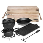 Bruntmor Camping Cooking Set of 7. Pre Seasoned Cast Iron Pots and Pans Dutch Oven with Lids for Outdoor Comefire. Grill C...