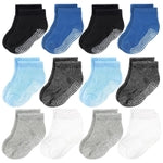 CozyWay Low-Cut Toddler Grip Socks - Non-Slip Grip for Toddler Boy Socks - 1T-3T - Pack of 12 - Blue/White/Black